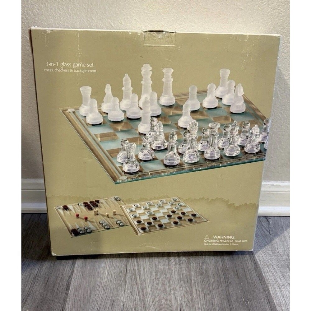 Sonoma 3 in 1 Glass Chess Set & Pieces Checkers & Backgammon Strategy Board Game
